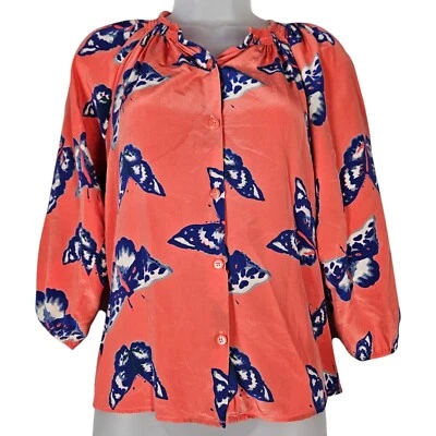 Top Tucker Mujer S Coral Mariposa 100% Seda Manga 3/4 Abotonado Calado Carrera Foto 1 de 4
