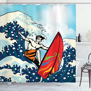 Surf Shower Curtain Man Surfing in the Waves Print for Bathroom