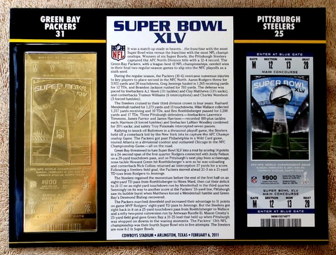 SUPER BOWL 45 GREEN BAY PACKERS STEELERS Willabee & Ward 22KT GOLD TICKET SB XLV Cover
