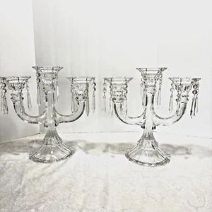 Pair Vintage 2 Arm 3 Candle Holder Crystal Candelabra Hanging Crystals Prisms - Picture 1 of 11