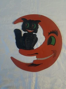 Vintage H. E. Luhrs Smiling Black Cat Sitting Crescent Moon 14" Die-Cut - Picture 1 of 10
