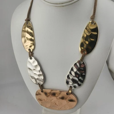 Boho Hammered Metal Pendant Necklace Suede Cord Mixed Gold Silver Copper - Image 1 of 4