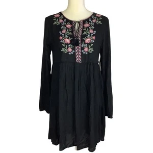 Arizona Embroidered Floral Tunic Mini Dress Women M Black Pink Boho Festival - Picture 1 of 14