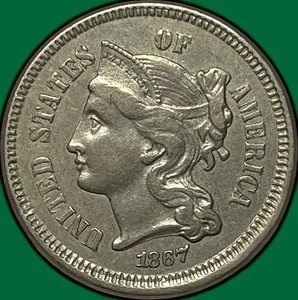 1867 Three Cent Nickel Almost Uncirculated AU Coin #32116 - Picture 1 of 3