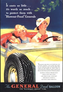 1935 GENERAL TIRE YELLOW CONVERTIBLE MOTHER & DAUGHTER VINTAGE PRINT AD - Picture 1 of 1