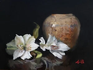 Original oil painting Korean ginger pot, and white flowers. Still Life. - Picture 1 of 5