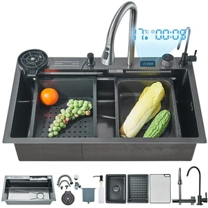 29.5" Flying Rain Stainless Steel Waterfall Kitchen Sink with Faucet Single Bowl - Picture 1 of 22