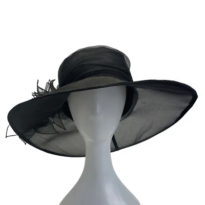 Sombrero Derby de ala ancha para mujer negro floral fascinador de fieltro de encaje Foto 1 de 4