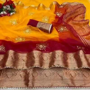 Women's Organza Embroidery Work Lace Border Saree With Running Blouse Piece - Picture 1 of 7