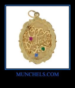 14K YELLOW GOLD HAPPY BIRTHDAY RUBY, EMERALD and SAPPHIRE PENDANT - Picture 1 of 3