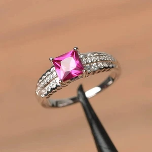 925 Sterling Silver Pink Ruby Lab Created Dainty Women Ring US Duty Free - Picture 1 of 5