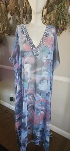Sheer Colorful Caftan With Beaded V Neck Collar By La Moda - Picture 1 of 7