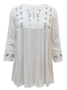 Ulla Popken Tunic Top ECRU Embroidered Yoke Crochet Trim A-Line Sz 16/18 - 36/38 - Picture 1 of 3
