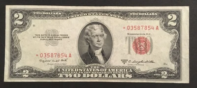1953B $2.00 TWO DOLLAR RED SEAL STAR NOTE NICE lightly circulated wide R. margin - Image 1 of 2