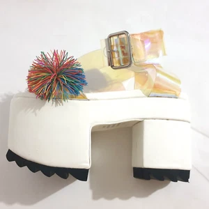 Sugarbaby Shoes Sz 7 M White Rainbow Pom Pom Platform Heel Sandals 90's Straps - Picture 1 of 15