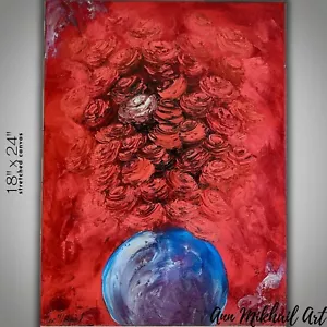 Pintura al óleo abstracta rosas rojas ramo florero azul lienzo estirado 18 por 24 AMA - Imagen 1 de 18