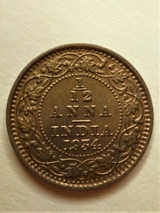 British India 1934 Calcutta Mint 1/12 Anna (1) Coin, BUNC, KM-509 - Picture 1 of 8
