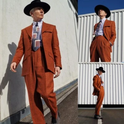 Vintage Wool Mens Suits Wide Peak Lapel Blazer High Pants 2Pcs 1950s Tuxedos - Image 1 of 4