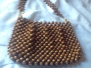 Rare Vintage Walborg Brown Wood Beaded Hand Bag Handmade in Japan  - Picture 1 of 7