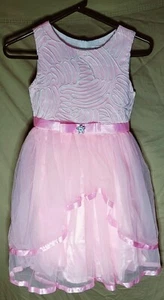 Girls Size 8 Dressy Satin & Tulle Mid Length Dress Sparkly Top with Belt & Gem - Picture 1 of 8