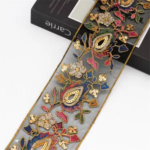 1Yd Embroidered Sequins Lace Trim Ethnic Sew on Ribbon Clothes Accessories DIY - Picture 1 of 5