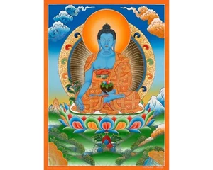 Handmade Medicine Buddha Thangka – Tibetan Buddha of Healing & Compassion - Picture 1 of 4