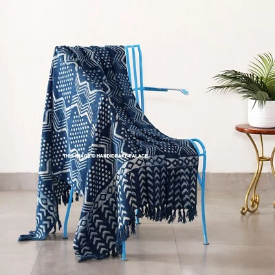 Indische Mudcloth Wurf Sofa Dekor Decke Boho Handblockdruck Wurf Indigo Blau - Bild 1 von 4