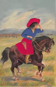 COWGIRL ON HORSE LOOKING RIGHT WITH APPLIED SILK CLOTHING, ARTIST IMAGE ~ 1910s - Picture 1 of 2