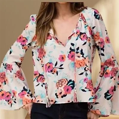 YUMI KIM Blouse by Revolve Women's Floral V neckTassel Bell Sleevesz small - Image 1 of 4