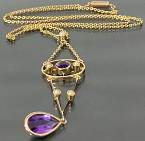Edwardian 15K Yellow Gold W/Amethyst & Pearl Drop Necklace 41.0cm - Picture 1 of 8