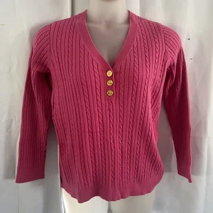Chaps Classic Ladies Pink Cable Knit Sweater Preppy Timeless V Neck Sz Large - Picture 1 of 13