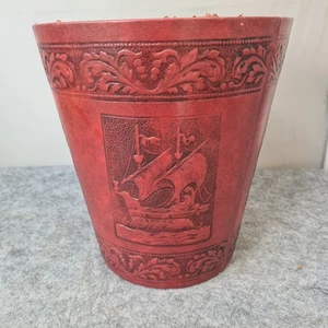 Vintage Nautical Ship Tooled Red Leatherette Waste Paper Bin Made In Florance - Picture 1 of 10