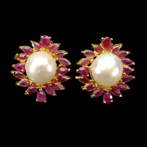 925 Sterling Silver Earrings Pear Ruby 5x3mm Pearl Natural Gemstone Jewelry - Picture 1 of 14