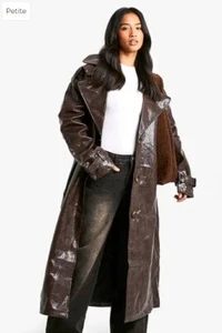 Boohoo Petite Croc Faux Leather Longline Trench Coat Size 6 Color Wine Brand New - Picture 1 of 12