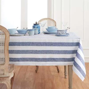 Solino Home 100% Pure Linen Tablecloth for Summer Kitchen Dining, Cabana Stripe - Picture 1 of 50