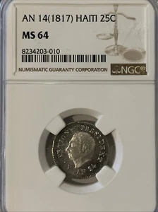 1817 (AN 14) Haiti 25 Centimes NGC MS64 Silver Haiti Western Republic - Picture 1 of 5