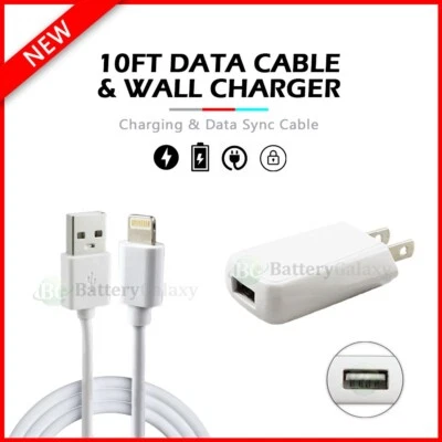 White Wall AC Charger+USB Charge Cable 10FT Cord for iPhone 14 13 12 11 X 8 7 6 - Image 1 of 4