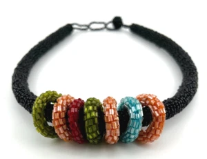 BOLD NECKLACE Seed Beads Woven Black Rope Colorful Beaded Circle Pendants, Power - Picture 1 of 5