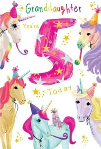 Tarjeta de 5to cumpleaños de nieta edad 5 unicornios impresa inserto con precioso verso - Imagen 1 de 2
