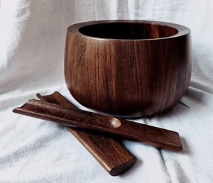 Dansk 10" Tulip Salad Bowl Staved Teak Wood Serving Paddles Set MCM Danish JHQ - Picture 1 of 17