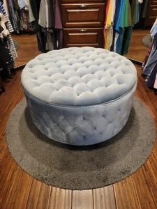 Large Round 36in Tufted Storage Ottoman w/ Lift Off Lid Blue. Slightly Used - Picture 1 of 2