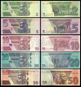 Zimbabwe FULL SET 5 Pcs 2, 5 ,10, 20 & 50 Dollars 2019-2021 NEW-UNC - Picture 1 of 1