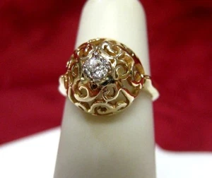 RARE 14K YELLOW GOLD FILIGREE 0.15 CTW ROUND DIAMOND BALL STYLE RING - Picture 1 of 7