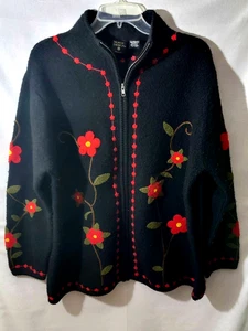 Nordic Design Strickjacke 1X Damen Pullover Rundhals Wolle Stickerei Reißverschluss Blumen - Bild 1 von 8