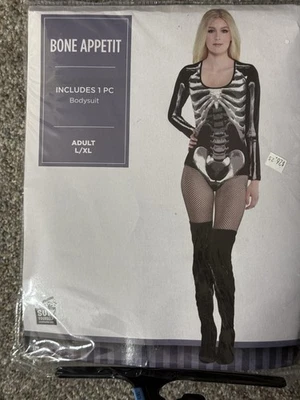 Bone Appetit Skeleton Bodysuit Suit Fancy Dress Halloween Adult Costume Sz L/XL - Image 1 of 3