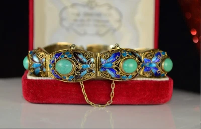 c.1900 Antique Chinese Export Silver Turquoise Cabochon Enamel Bracelet - Image 1 of 4