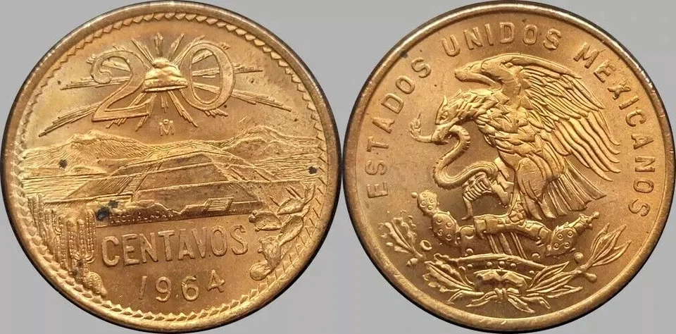 1964 年墨西哥 20 CENTAVOS 未流通未流通细节硬币 — 第 1/1 张图片
