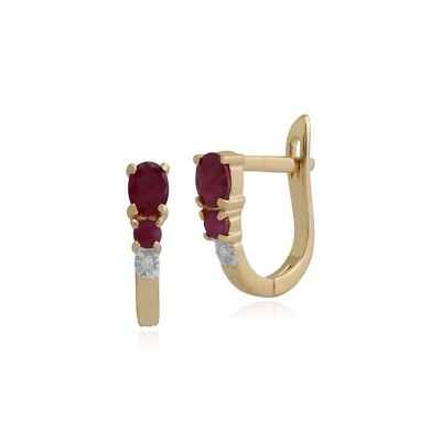 Classic Oval Ruby & Diamond Omega Back Hoop Earrings in 9ct Yellow Gold - Image 1 of 3