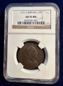 GREAT BRITAIN GEORGE III 1771 HALF PENNY ALMOST UNCIRCULATED PCGS CERTIFIED AU55 - Picture 1 of 4