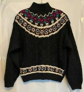 Vtg Golden Isle Hand Knitted Chunky Knit Sweater Black w/ Colors Women's M - Picture 1 of 9